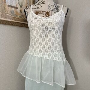 90s Vintage Floral Lace Sheer Asymmetrical Fairy Hem White Cami Top